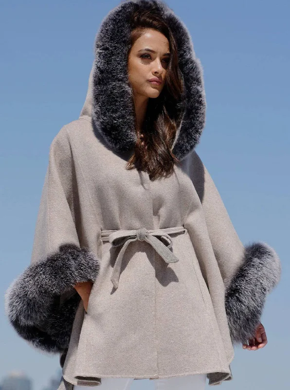 Hooded Poncho With Fur Trim