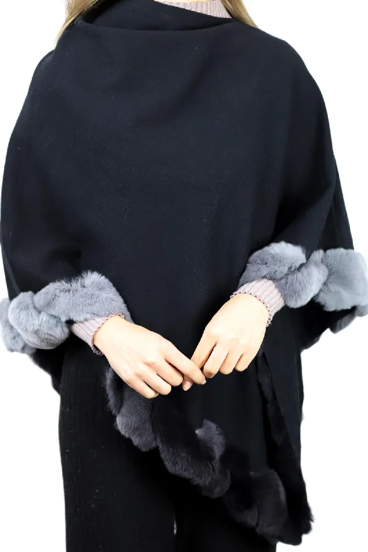 La Fiorentina | Asymmetrical Poncho with Ombre Fur Trim - Black