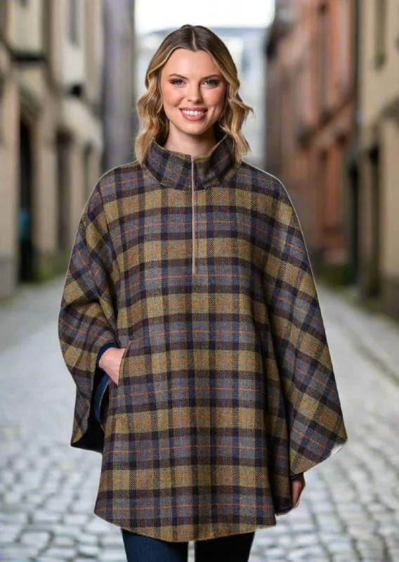 Mucros Half Zip Poncho | Moss Check