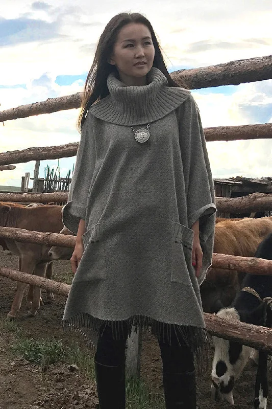 Oversized roll neck Wool Poncho in Beige, turtle neck pullover tunic