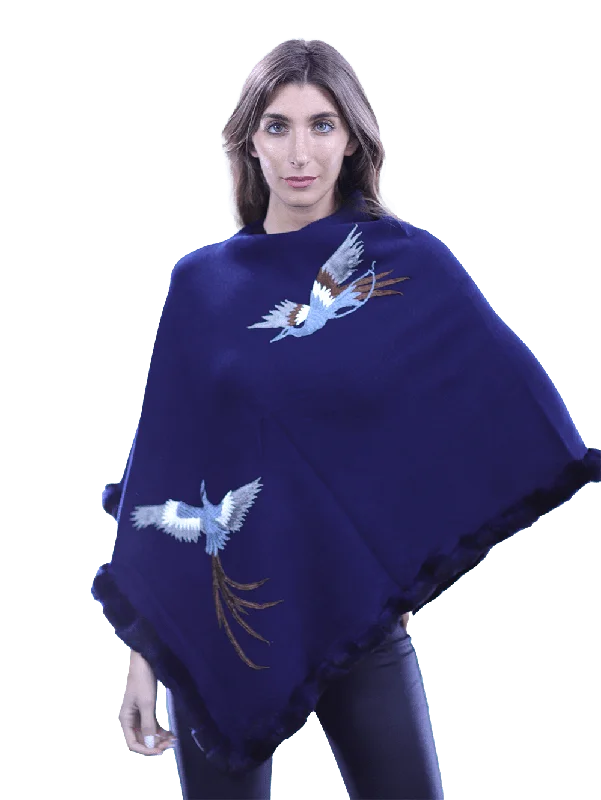 Poncho with embroidery and rex trim - Navy