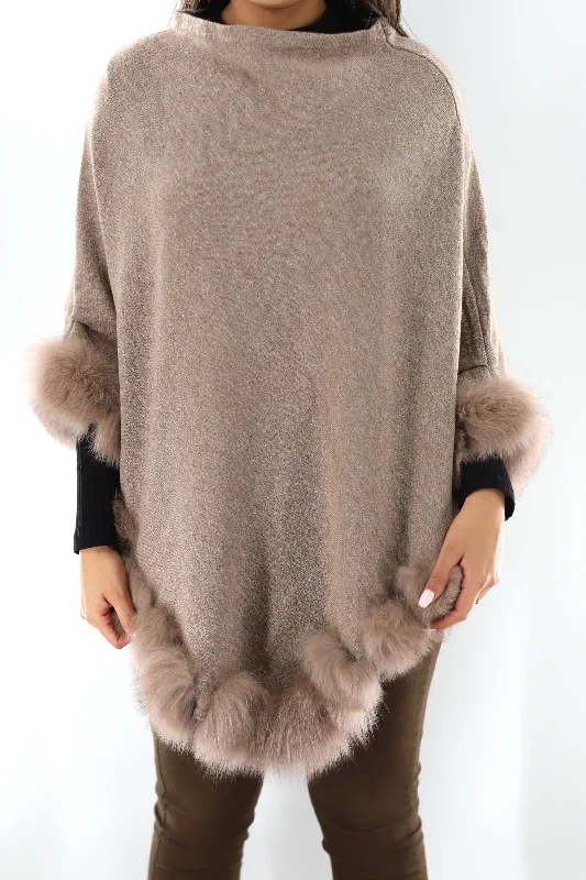 Stylish Poncho with Fur Trimming - Camel