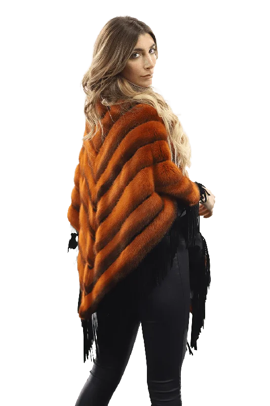 Tonal Ribbed Mink Poncho with Leather Fringes - Orange