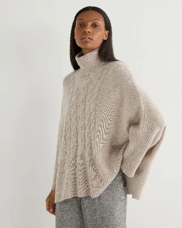 Women's Cable Cashmere Poncho Sand Brown