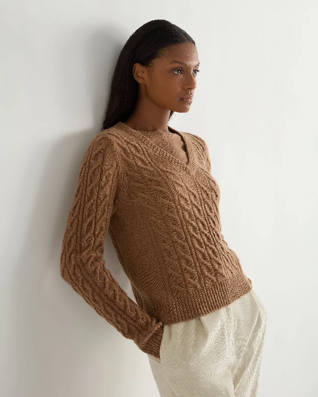 Women's Frankie Cable V Neck Cashmere Sweater Dark Camel Brown