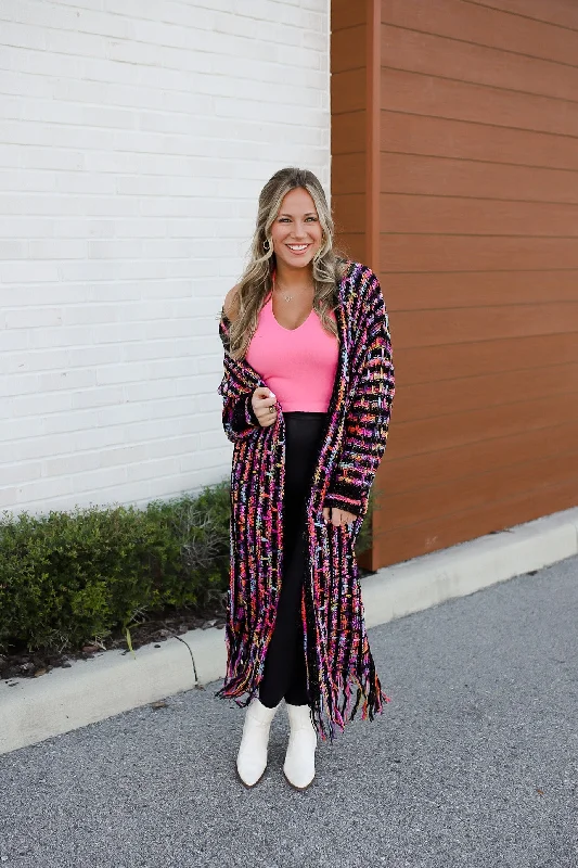 Double Take Multicolored Open Front Fringe Hem Cardigan WH