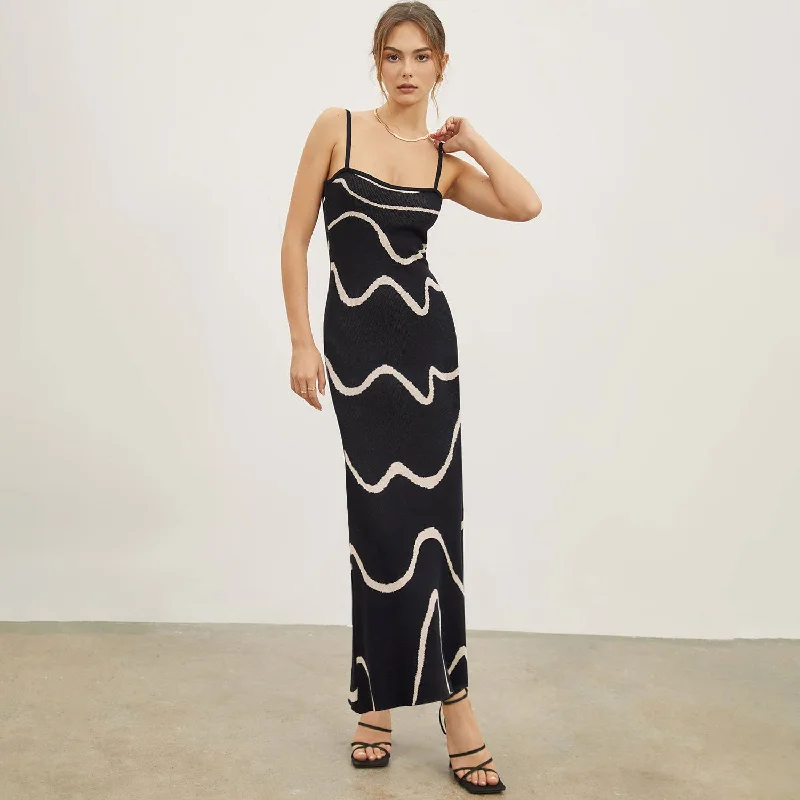 Elegant Contrast Wavy Print Sleeveless Spaghetti Strap Maxi Slip Knit Sweater Dress