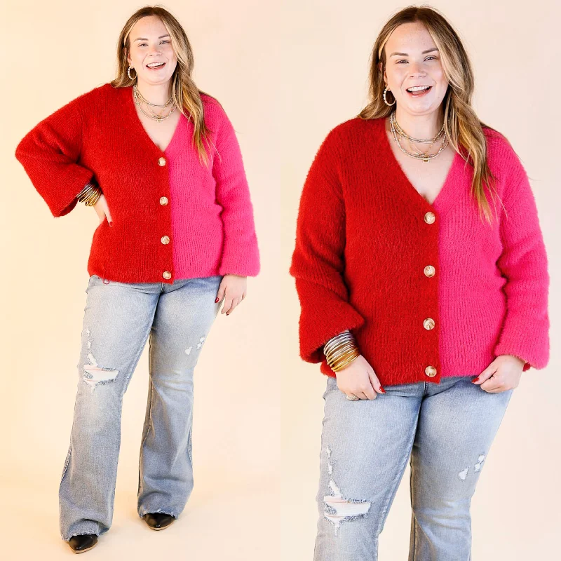 Fireside Feels Color Block Button Up Cardigan with Balloon Sleeves in Hot Pink and Red