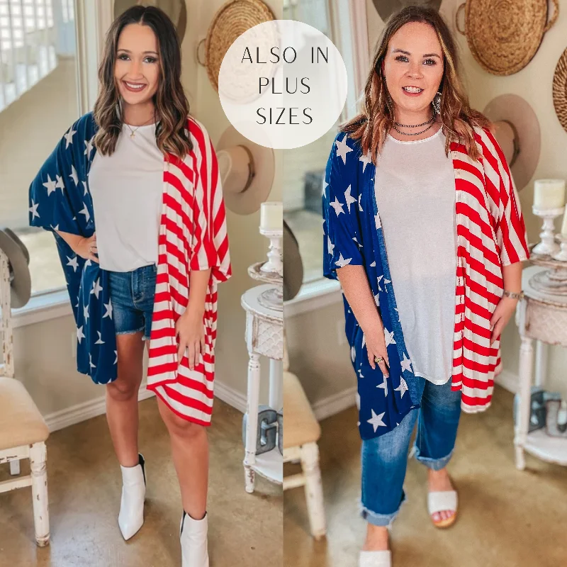 Last Chance Size Medium (Oversized) | American Sweetheart Stars and Stripes Drop Sleeve Kimono in Red, White, and Blue