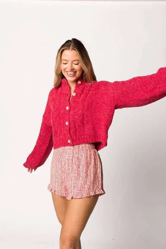 Dawn Cable Knit Cardigan in Red - Nursing Friendly