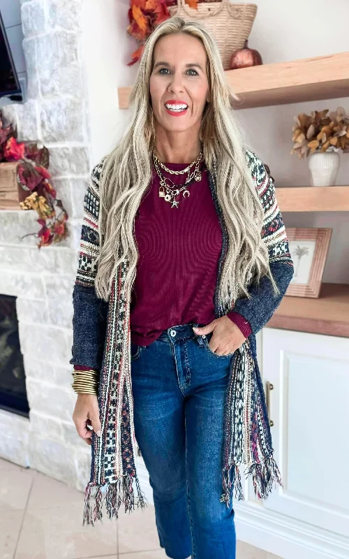 Fringe Hem Tribal Sweater Cardigan