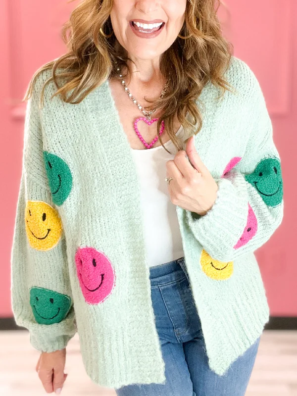 Fuzzy Wuzzy Smile Long Bell Sleeve Open Knit Cardigan Top