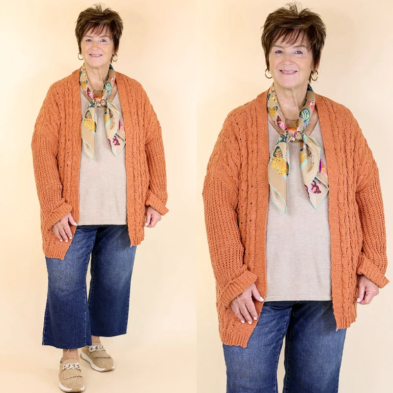 On My Level Chenille Cable Knit Open Front Cardigan in Canyon Clay Orange