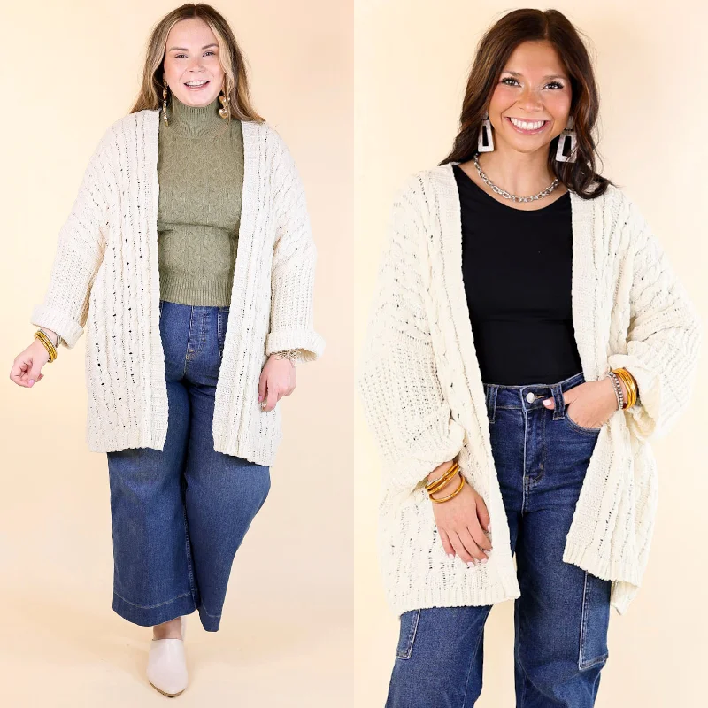 On My Level Chenille Cable Knit Open Front Cardigan in Ivory