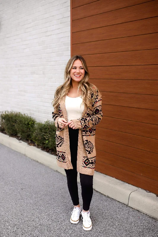 Pocketed Geometric Open Front Dropped Shoulder Cardigan