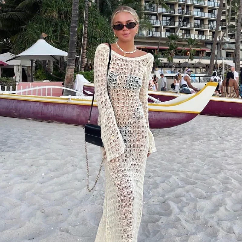 Sexy Round Neck Bell Sleeve Backless Crochet Knit Maxi Dress