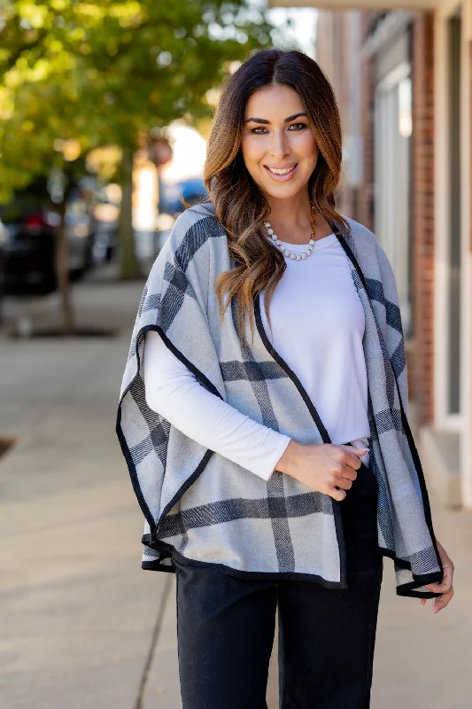 Solid Trim Plaid Poncho