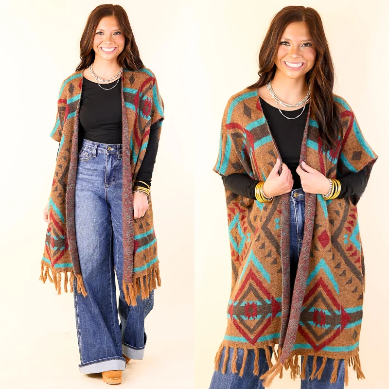 South Texas Sunset Aztec Print Wrap Poncho Vest in Turquoise and Camel