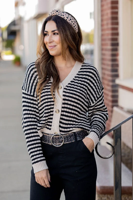 Striped Drop Shoulder Button Cardigan