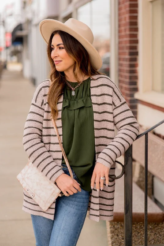 Thin Olive Striped Knit Tunic Cardigan