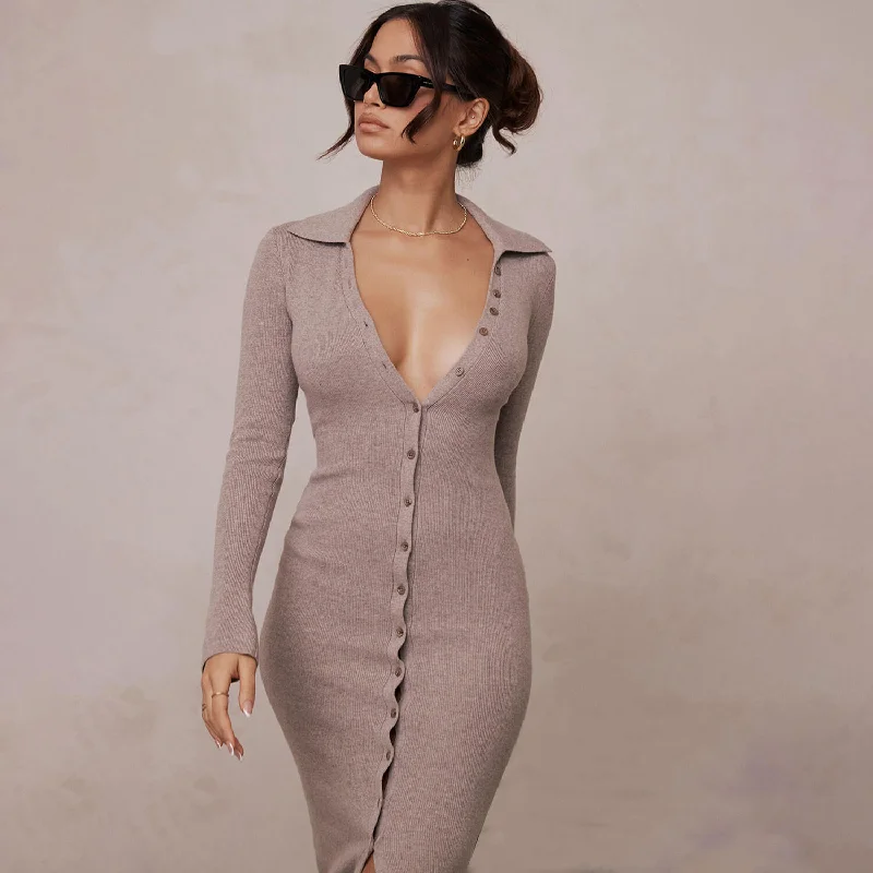 Versatile Spread Collar Button Up Sleeved Rib Knit Slim Sweater Midi Dress