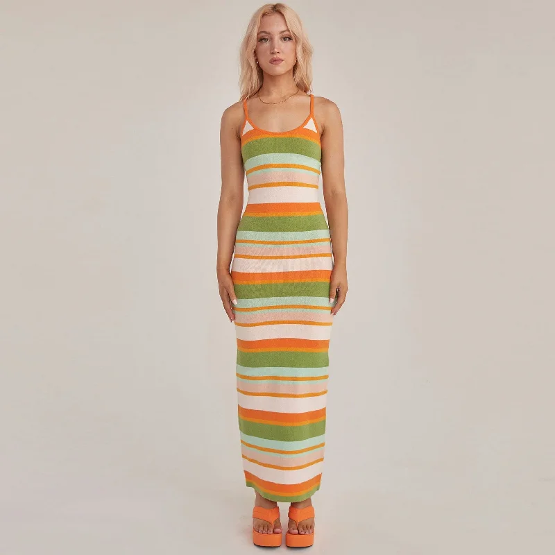 Vintage Rainbow Striped Print Scoop Neck Spaghetti Strap Maxi Slip Sweater Dress