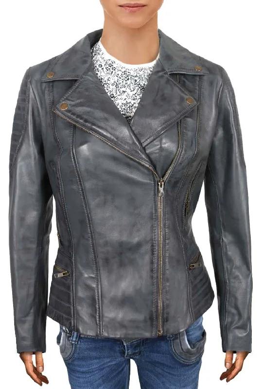 Leather Jackets Hub Womens Genuine Lambskin Leather Jacket (Vax Gray, Double Rider Jacket) - 1821009