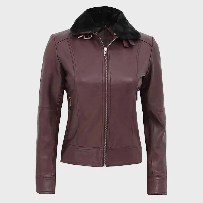 Women's Brown Leather Jacket with Fur Collar