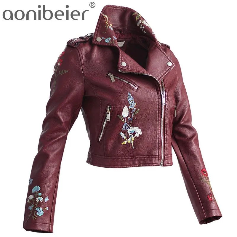 Aonibeier Embroidery  Leather Coat