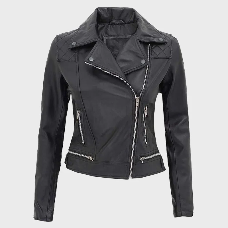 Asti Women Zipper Black Quilted Leather Jacket