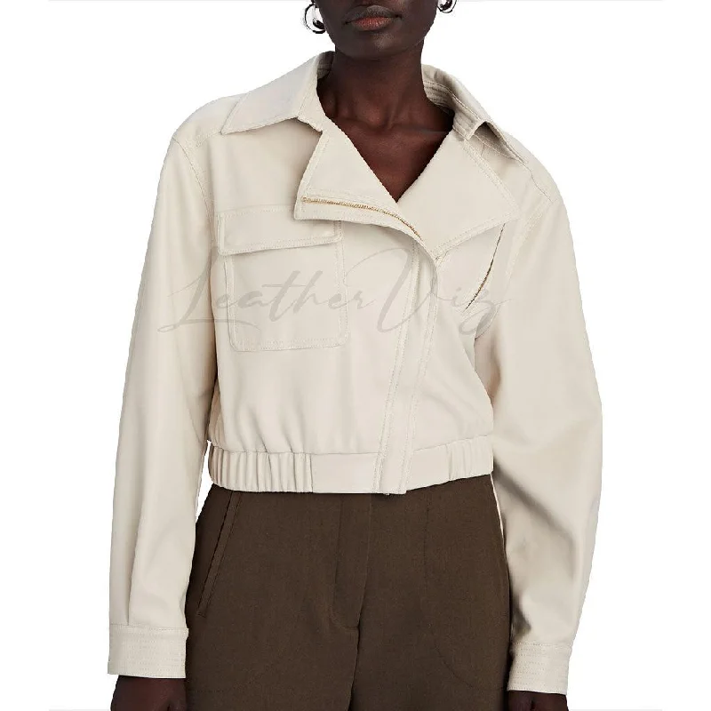 Asymmetric Women White Leather Bomber Jacket