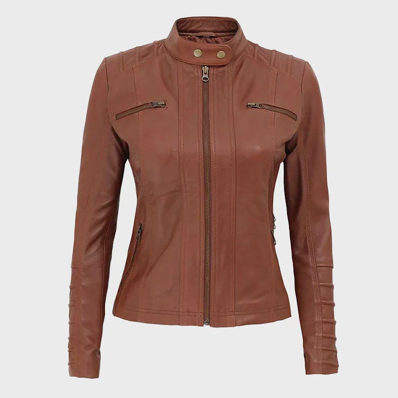 Aversa Women's Tan Quilted Biker Leather Jacket