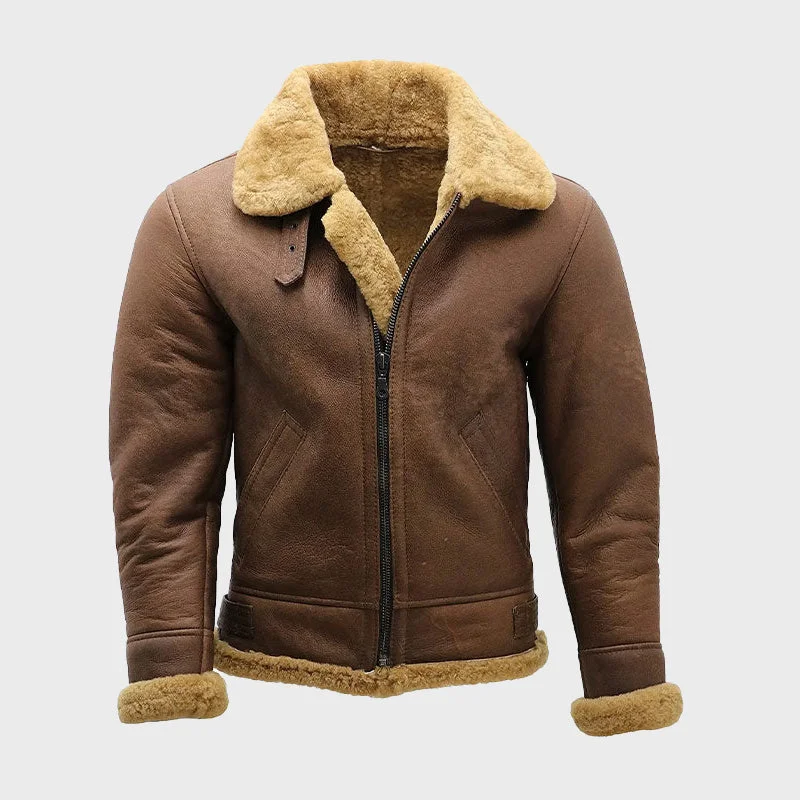 Men's Brown B3 Shearling Sheepskin WW2 Bomber Leather Flying Aviator Jacket