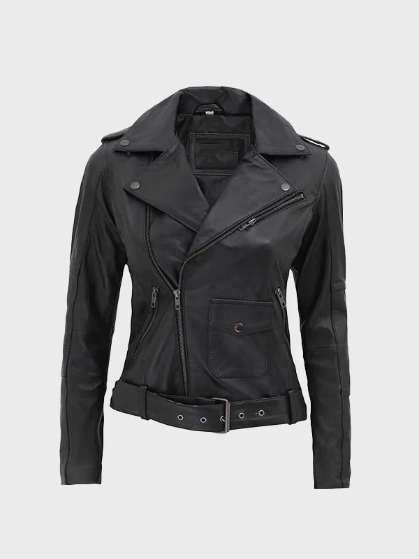 Barletta Women Black Asymmetrical Slim Fit Leather Jacket