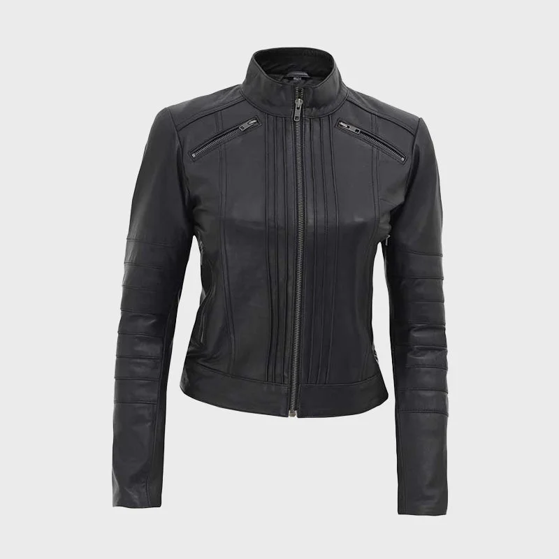Bergamo Women Black Slim Fit Genuine Leather Jacket