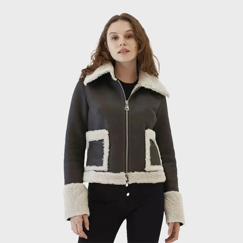 Black Borg Trim Cropped Leather Shearling Fur Collar Jacket