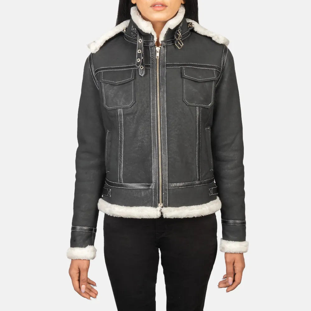Black Leather Jacket woman with Shearling Hood