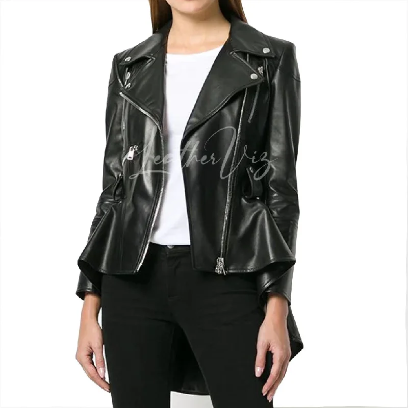 BLACK PEPLUM WAIST BIKER LEATHER JACKET FOR WOMEN