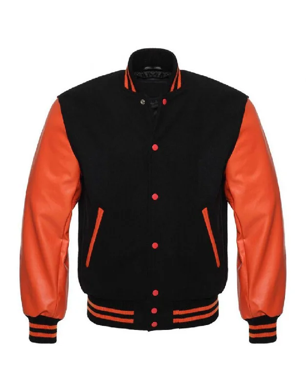Black Varsity Jacket Womens with Orange Leather Sleeves