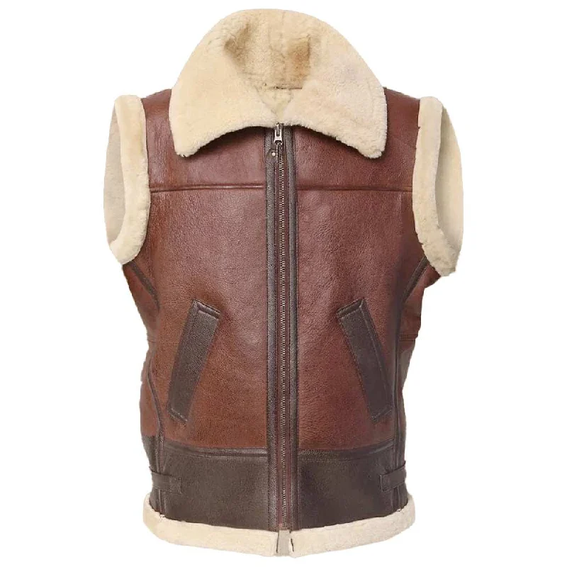 Brown Aviator Pilot Shearling Leather Vest Men