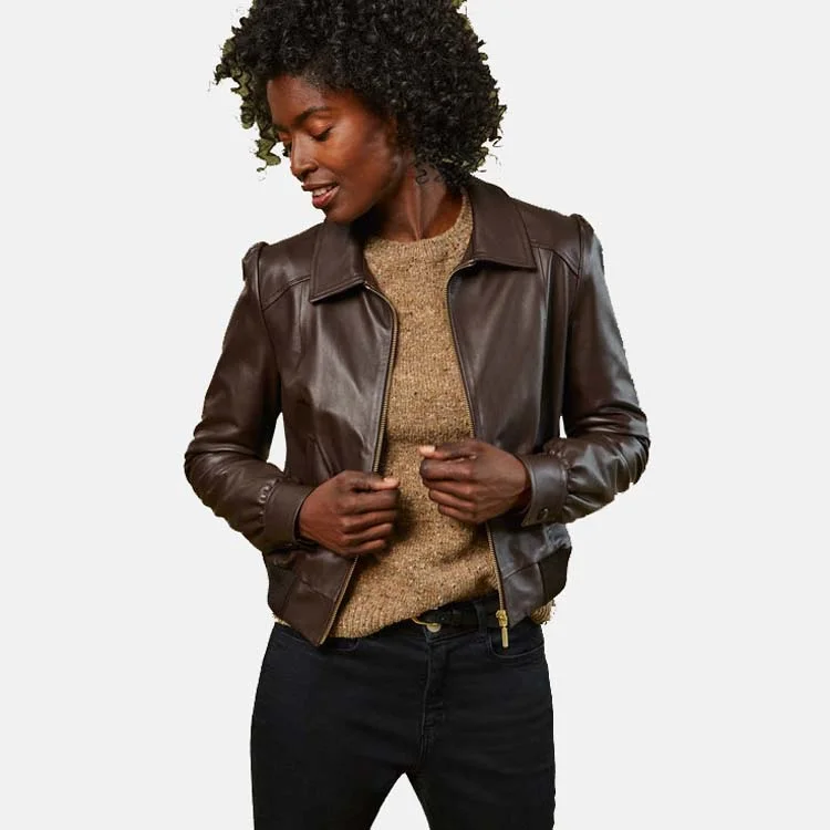Women’s Chocolate Brown Leather Bomber Jacket