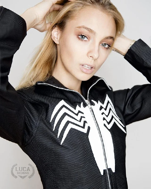Womens Venom Logo Spiderman Neoprene Windbreaker Jacket Black