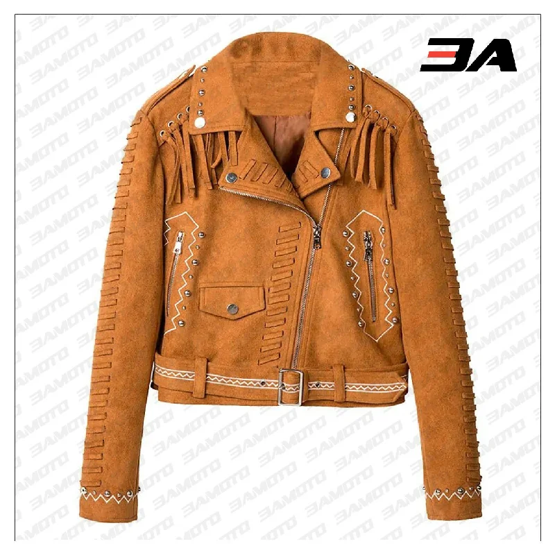 Camel Brown Fringed Leather Studded Biker Jacket