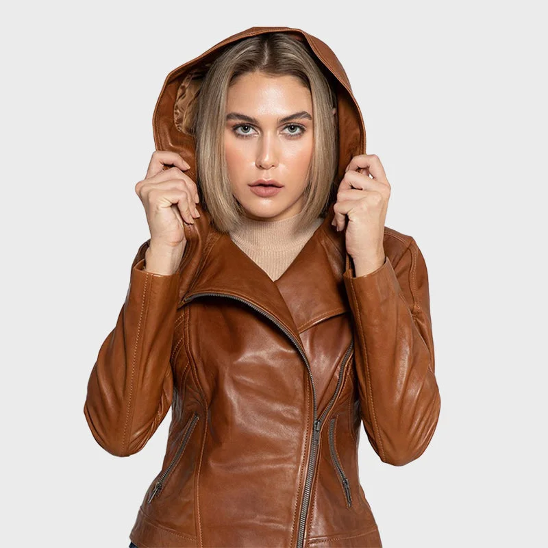 Womens Asymmetrical Motorcycle Leather Jacket with Hood