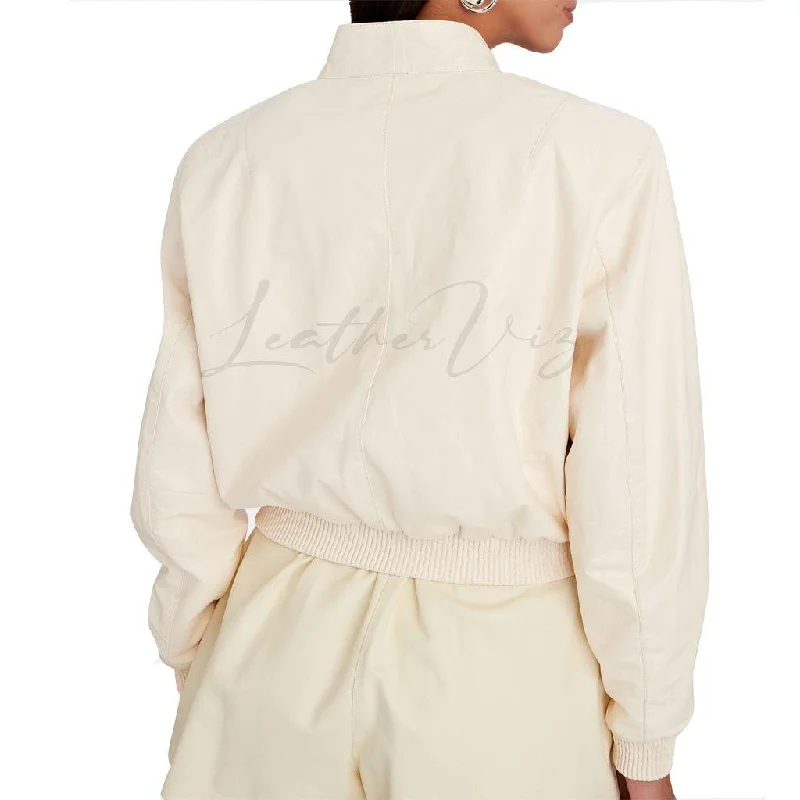 CROPPED WHITE LEATHER BOMBER JACKET