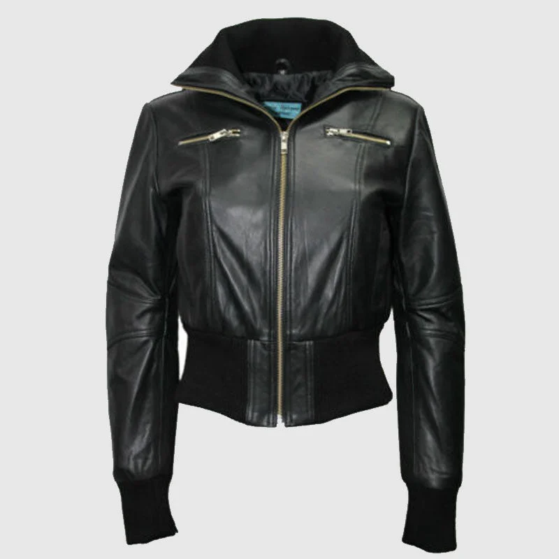 Deluxe Ladies Stylish Bomber Jacket Black Real Soft Nappa Leather Style Design