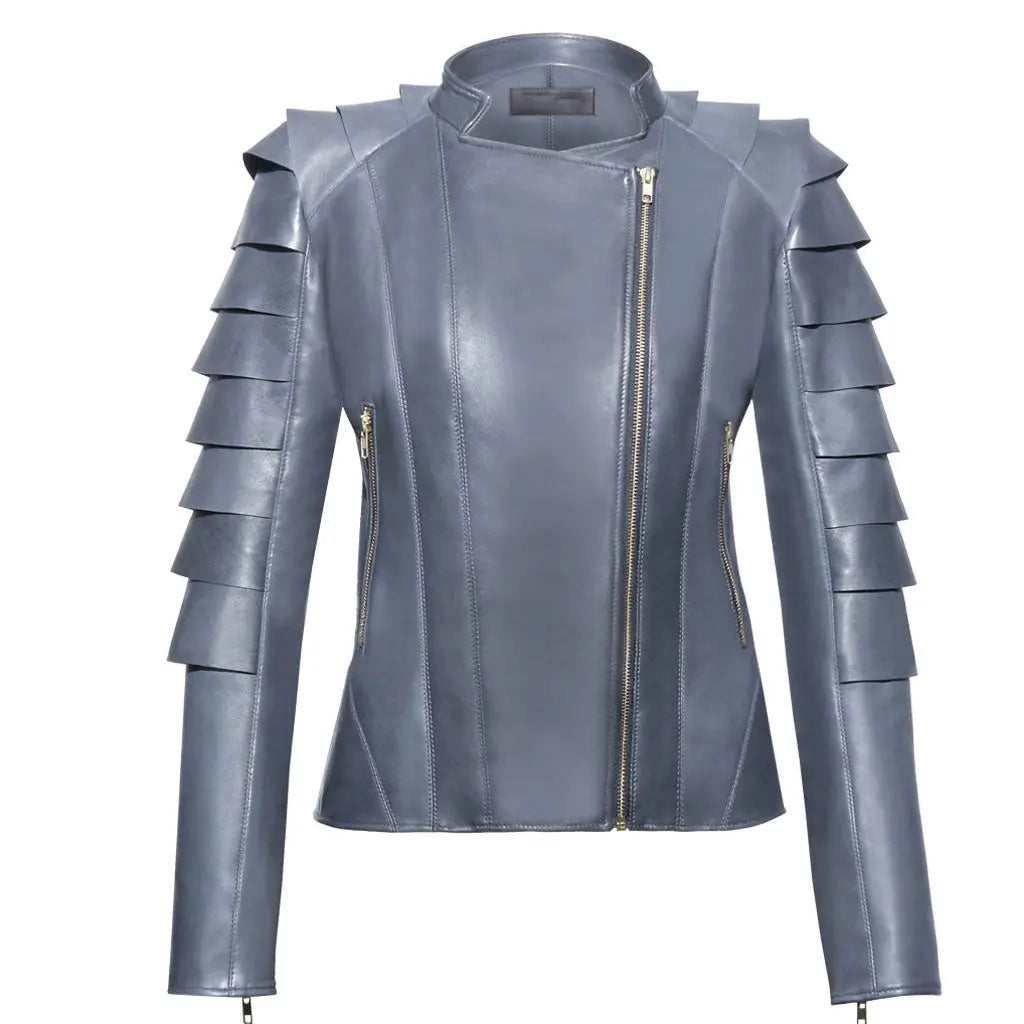 Draped Detailing Womens Gray Leather Jacket