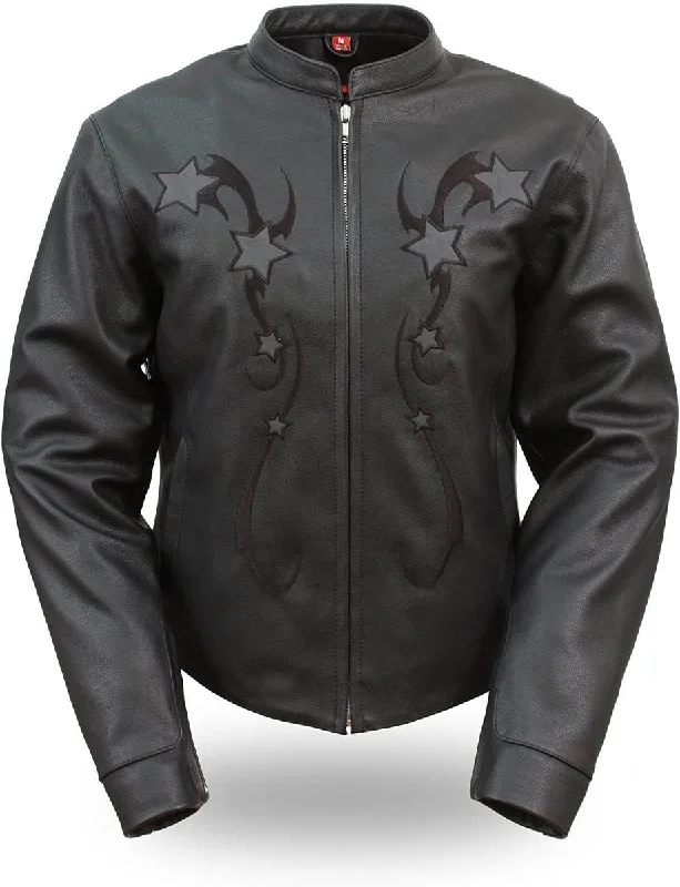 First Manufacturing FIL180CSZ Women's Black Sporty Scooter Leather Jacket with Reflective Stars First Manufacturing FIL180CSZ Women's Black Sporty Scooter Leather Jacket with Reflective Stars