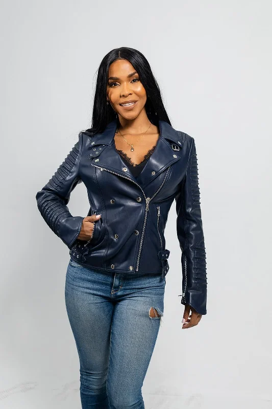 First Manufacturing Paris - Women's Vegan Leather Jacket, Navy Blue