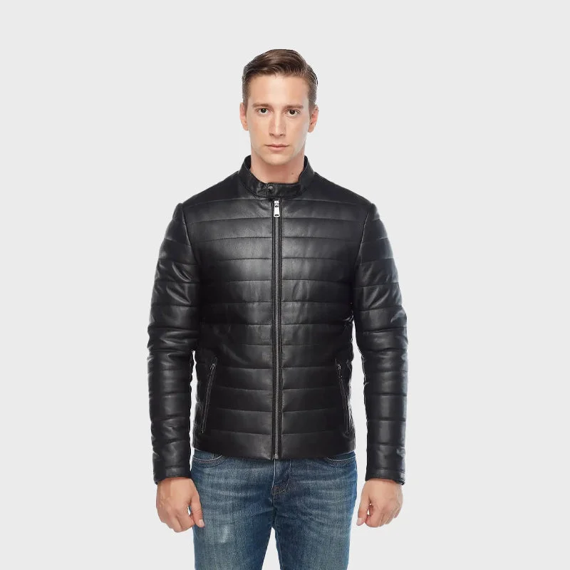 Genuine Black Leather Men’s Puffer Jacket